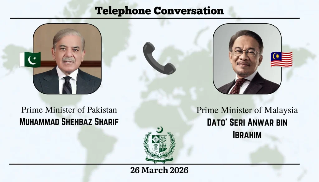 وزیراعظم شہباز شریف اور ملائیشیا کے وزیراعظم انور ابراہیم کے درمیان ٹیلیفونک رابطہ؛ ملائیشیا نے مشرقِ وسطیٰ میں امن اور امریکہ ایران مذاکرات کے لیے پاکستان کی ثالثی کی کوششوں کی بھرپور حمایت کر دی