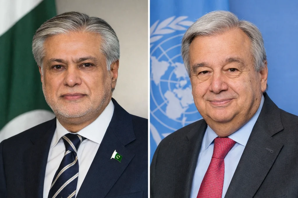 نائب وزیراعظم اسحاق ڈار کی اقوام متحدہ کے سیکریٹری جنرل انتونیو گوتریس سے گفتگو، مغربی ایشیا کی صورتحال اور عالمی امن کے لیے پاکستان کے سفارتی عزم کا اعادہ