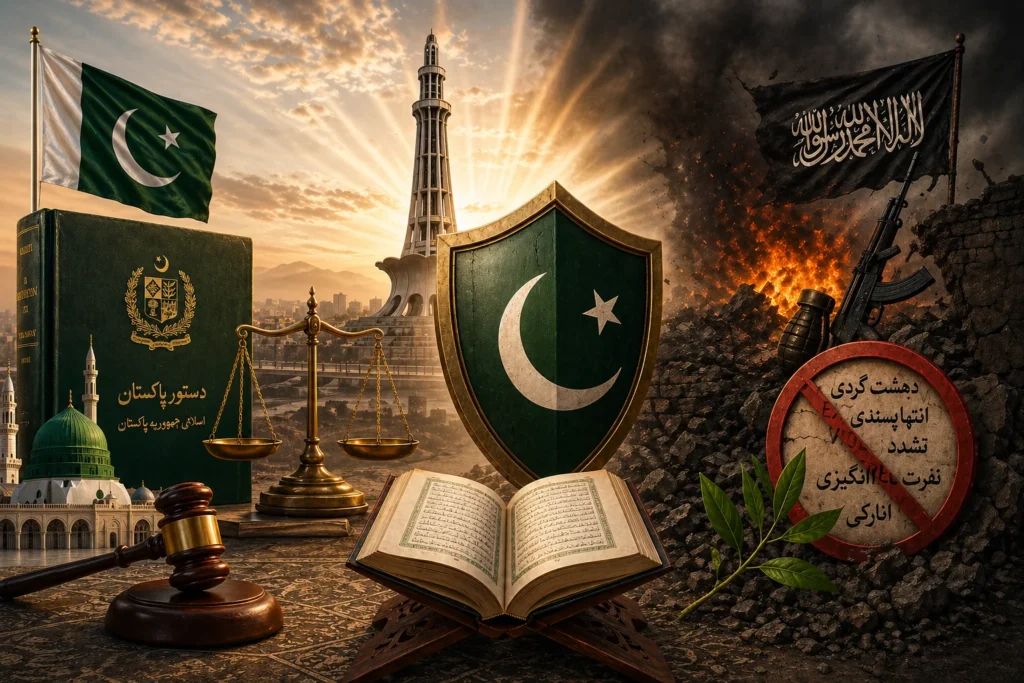 ریاستِ پاکستان کے اسلامی دستور اور شریعتِ محمدی ﷺ کی روشنی میں فتنۃ الخوارج کے پُرتشدد اقدامات جہاد نہیں بلکہ 'فساد فی الارض' ہیں۔ 1800 سے زائد علمائے کرام کے متفقہ بیانیے 'پیغامِ پاکستان' اور متقدمین و متاخرین فقہاء کے فتاویٰ کے مطابق، ایک اسلامی ریاست کے خلاف مسلح بغاوت شرعاً حرام ہے، کیونکہ جہاد کا اعلان انفرادی گروہوں کا نہیں بلکہ صرف ریاست کا قانونی حق ہے۔