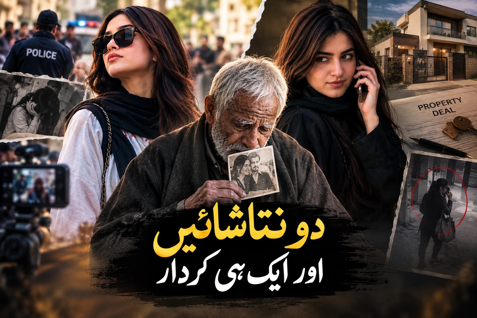 دو نتاشائیں اور ایک ہی کردار، بزرگ شخص، انصاف اور جائیداد کے تنازع کی عکاسی کرتی تصویر۔